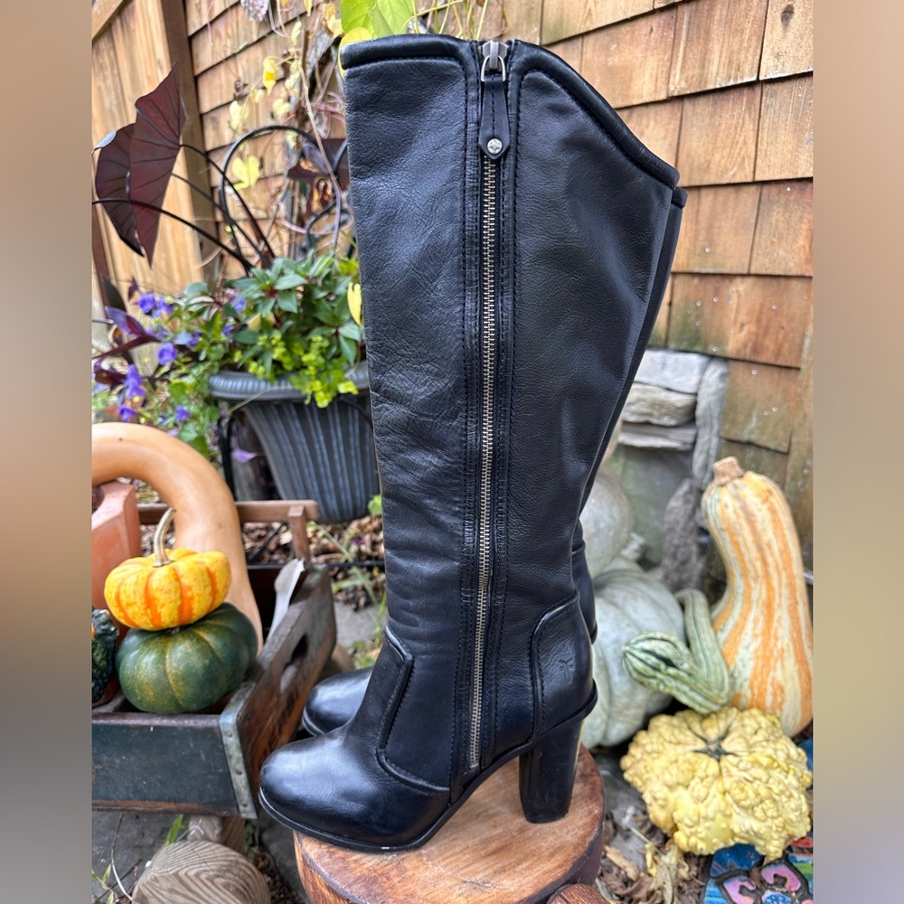 Frye Sylvia Pipping Black Knee High Heeled Boots